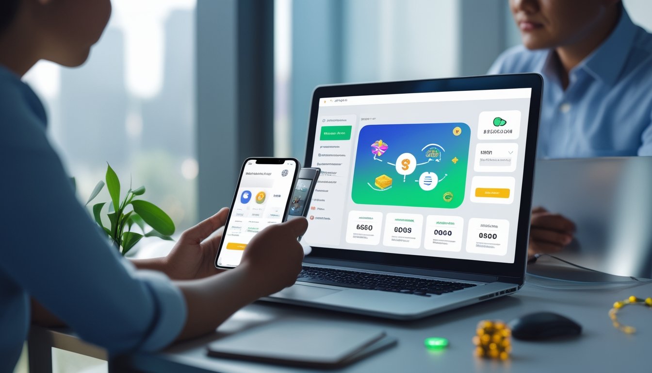 Dua orang dewasa Indonesia menggunakan perangkat digital dalam suasana kantor modern yang aman dan profesional.