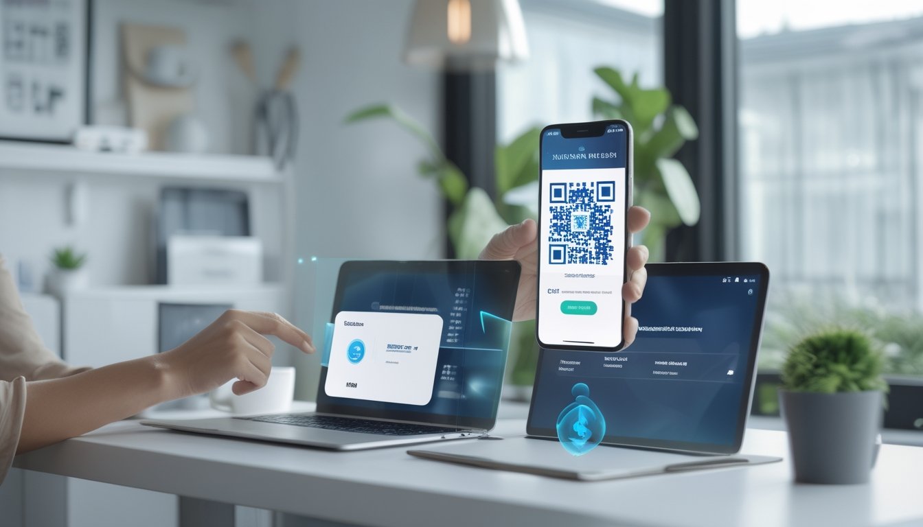 Seseorang memindai kode QR dengan ponsel untuk melakukan pembayaran melalui perbankan digital di meja kerja.