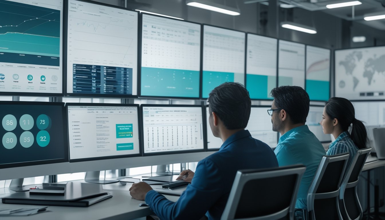 Tim analis dewasa memeriksa grafik dan data numerik abstrak di ruang kerja modern.