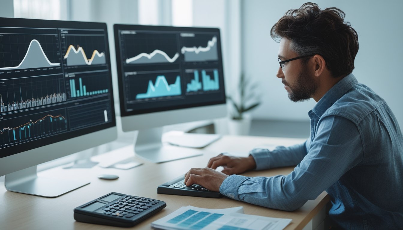 Analis data memeriksa grafik probabilitas dan pola angka anonim di ruang kerja modern.