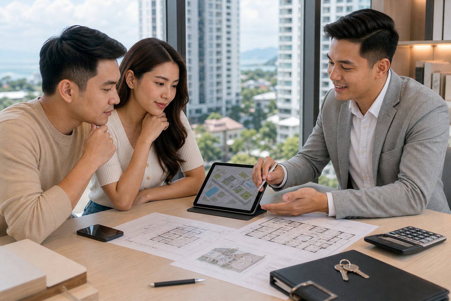 A Filipino couple discusses home-buying options with a property advisor at a table overlooking a Cebu neighborhood.