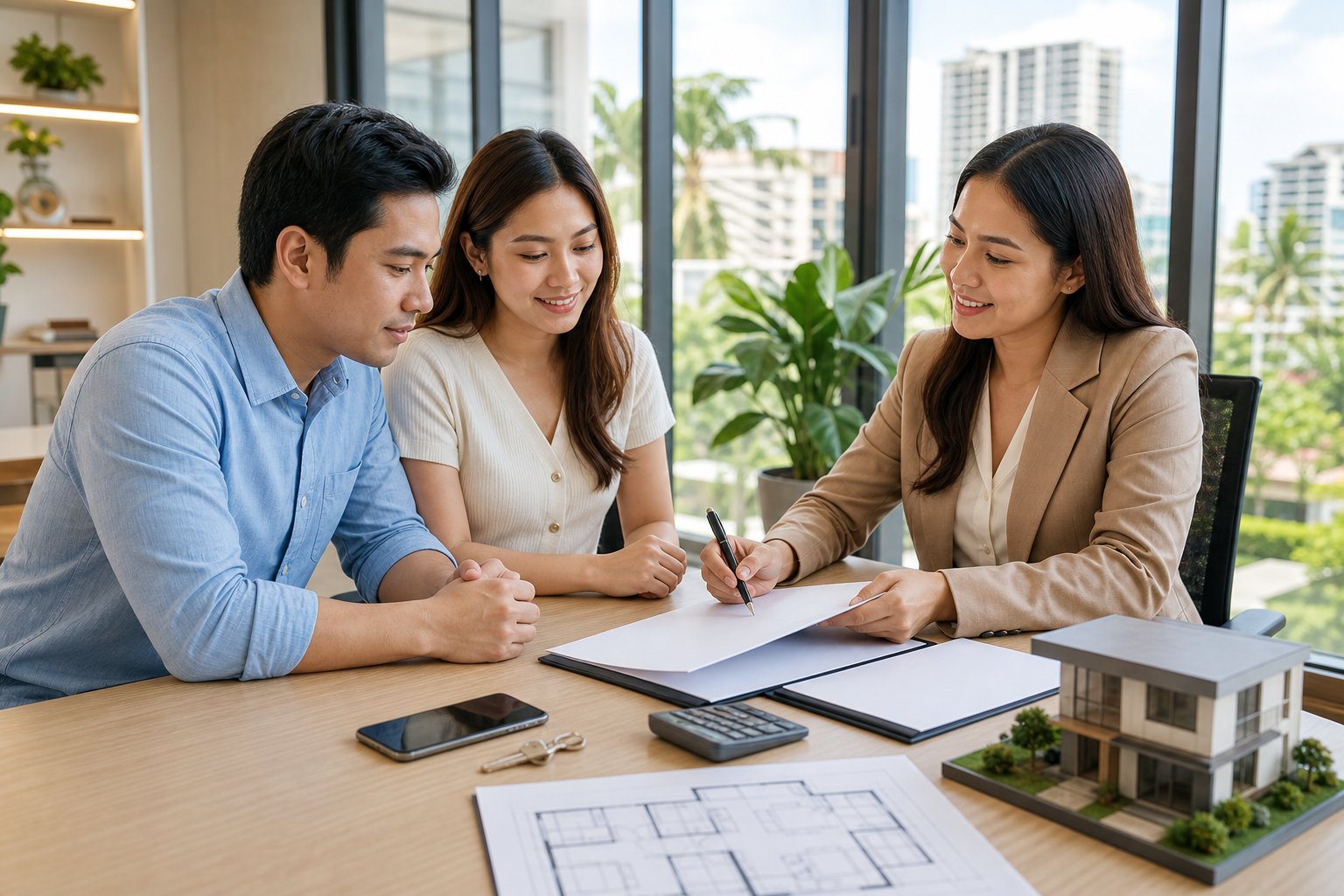 A Filipino couple reviews blank property documents with a real estate consultant at an office table in Cebu.