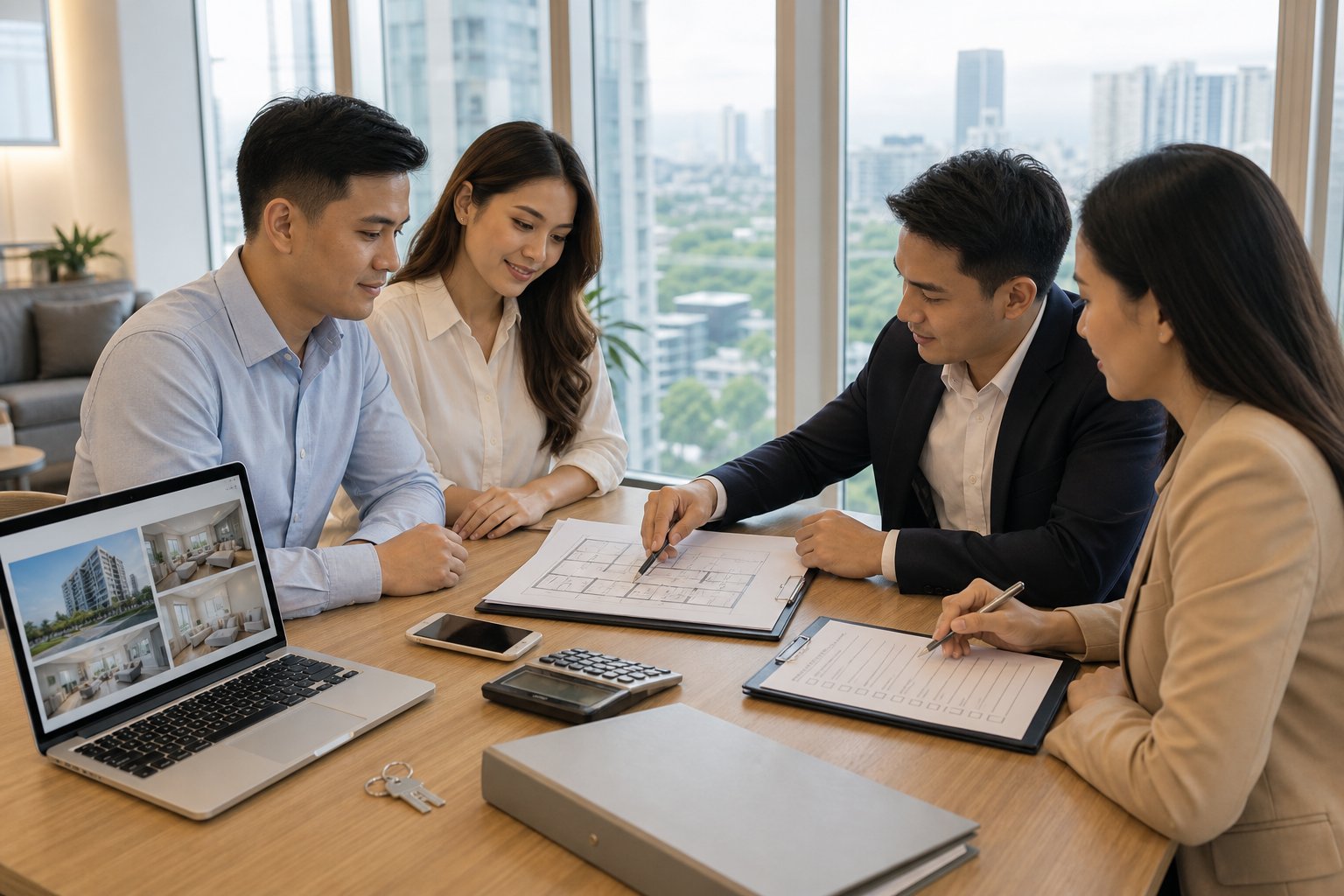 A Filipino couple reviews property documents with a real estate professional and adviser at a modern table.