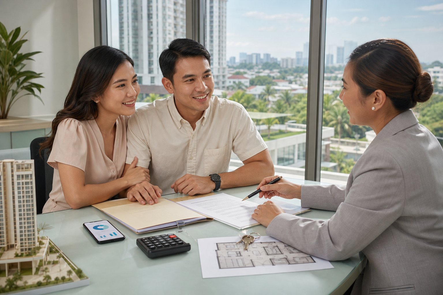 A Filipino couple meets with a property adviser in a modern Cebu sales office, reviewing home-buying documents beside a floor plan and a set of keys.