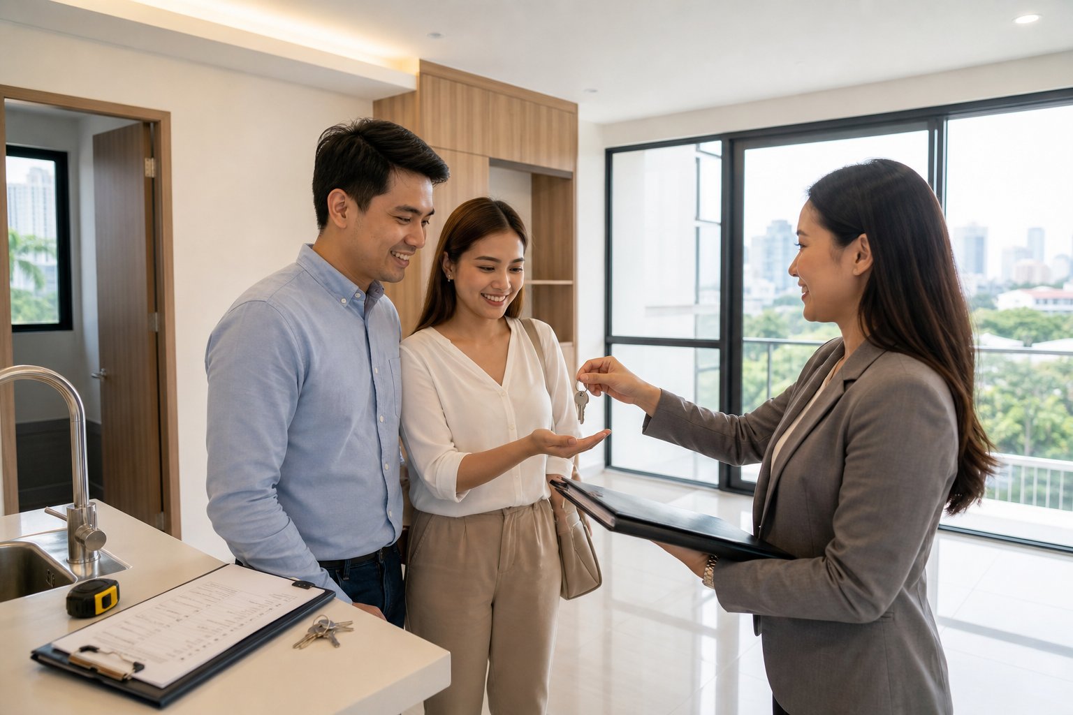 A Filipino couple receives new home keys from a real estate agent while inspecting a bright modern living room.
