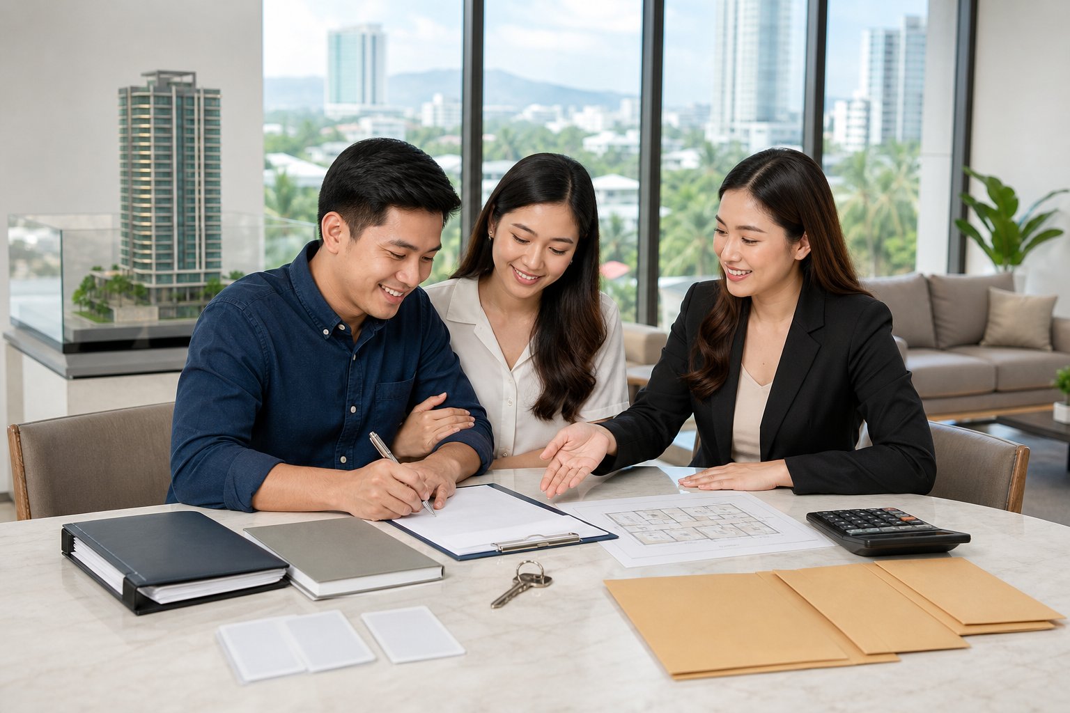 A Filipino couple reviews property documents with a real estate agent in a bright Cebu office, with a house key and floor plan on the desk.