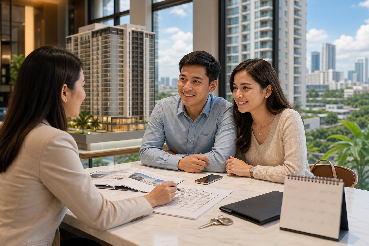 A Filipino couple meets a property consultant in a bright Cebu sales office beside floor plans, documents, and a house key.