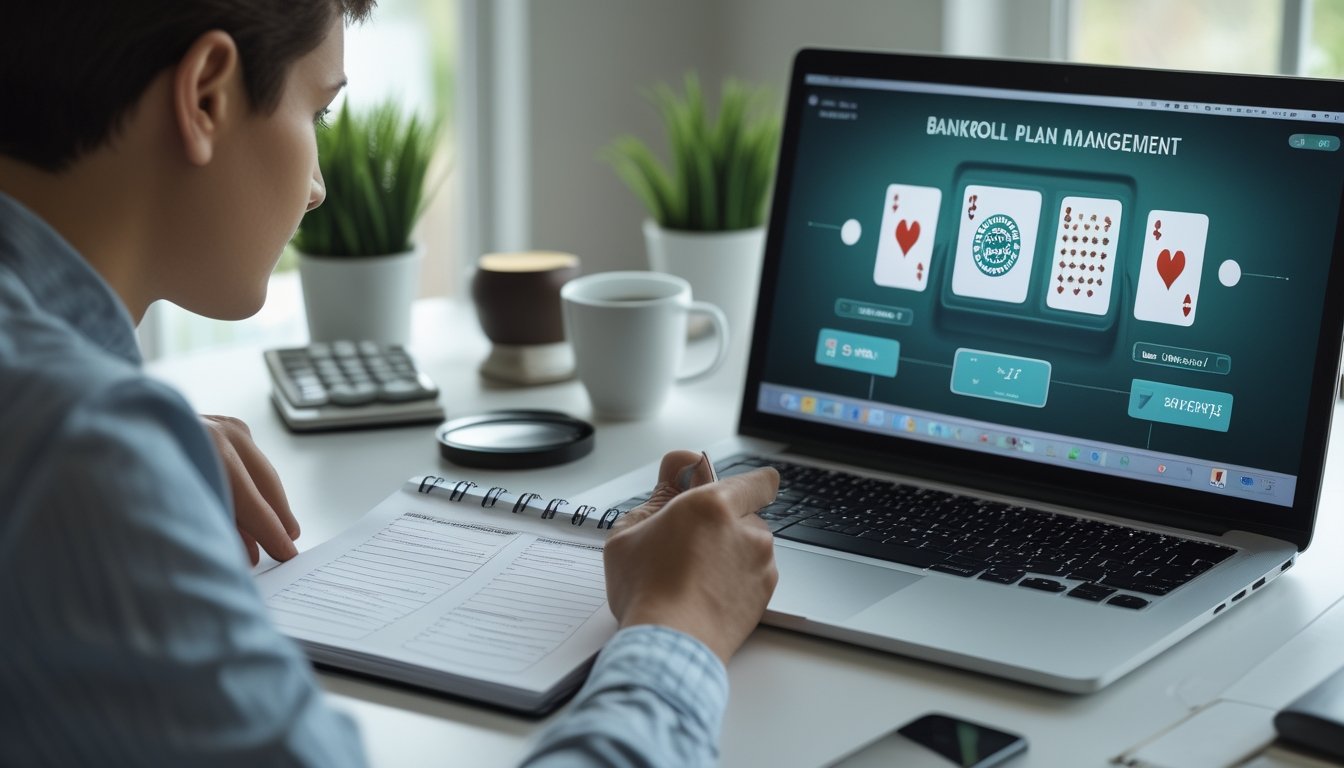 Seseorang merencanakan anggaran bermain poker online di meja kerja dengan laptop, kalkulator, dan catatan.