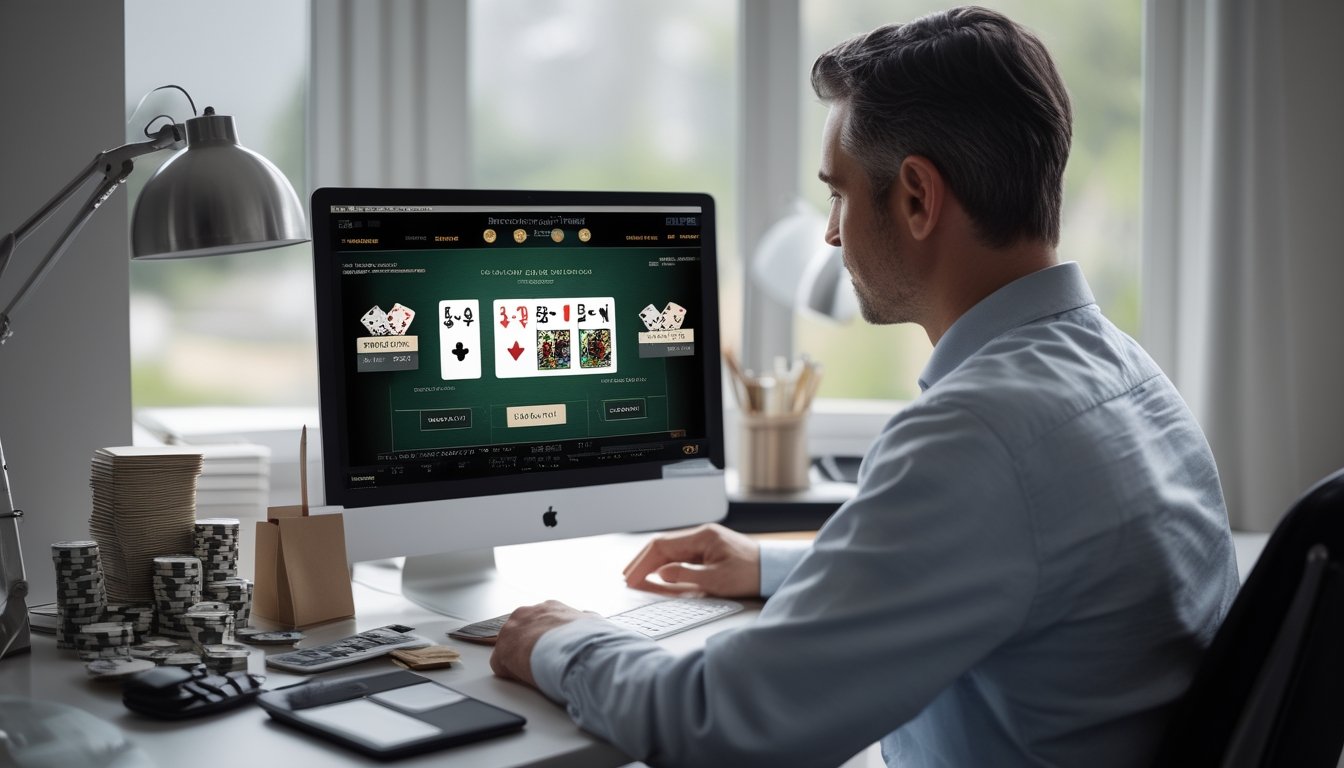Seseorang mengatur anggaran sambil bermain poker online di meja kerja dengan laptop, komputer, catatan kosong, dan menyimpan poker.
