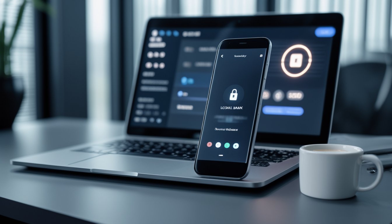 Ponsel dan laptop menampilkan proses pembayaran digital yang aman di meja kerja modern.