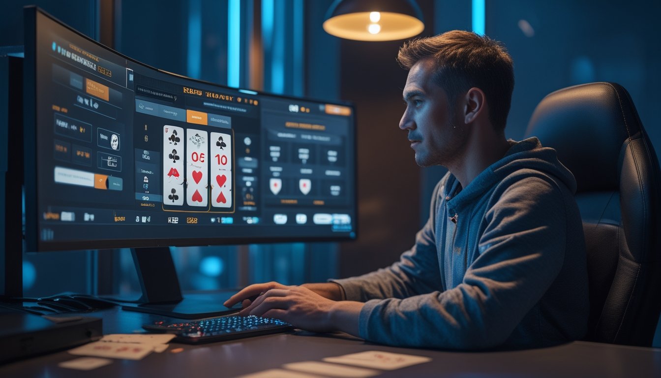 Seorang pemain poker online tampak tenang dan fokus di depan layar dengan kartu serta keping poker.
