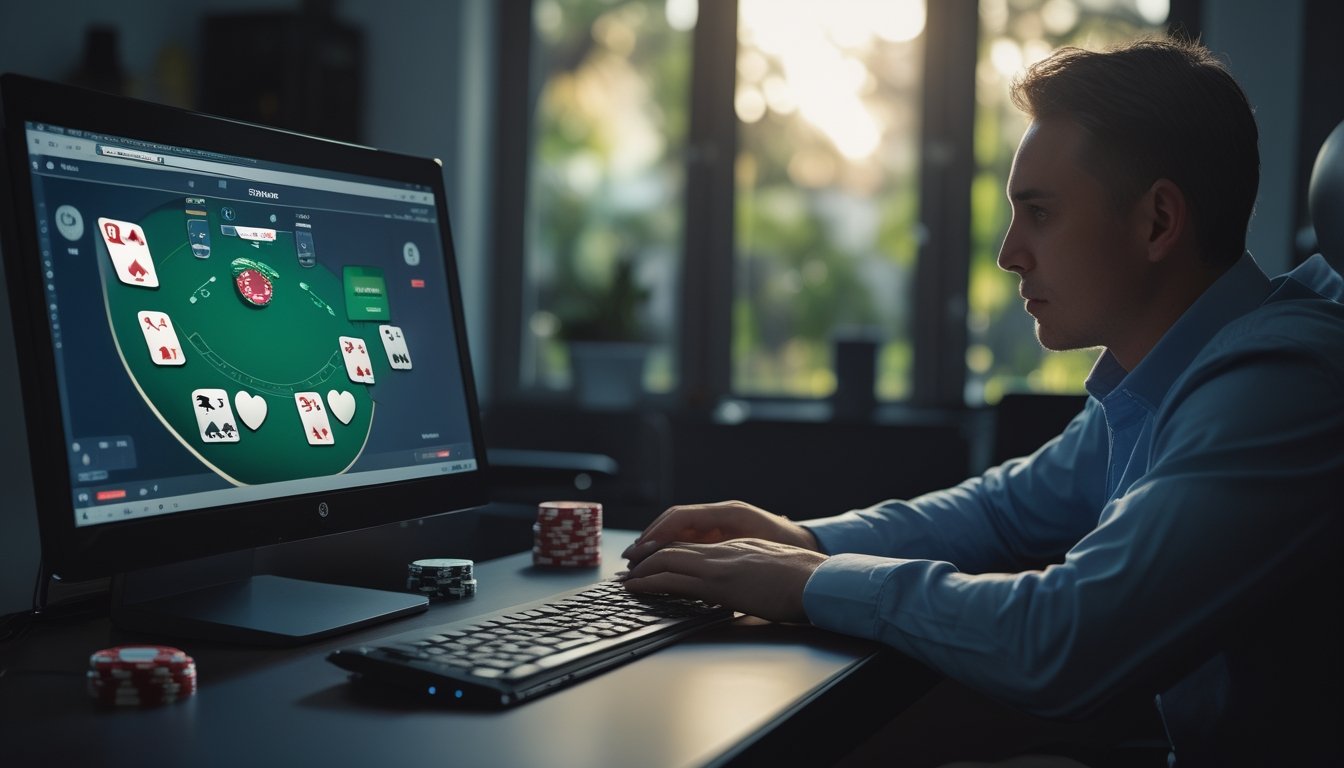 Seorang pemain poker online tampak fokus mempelajari layar laptop dengan kartu dan keping poker di atas meja.