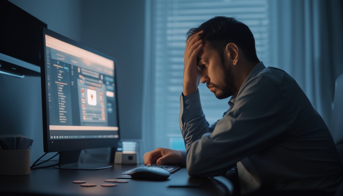 Seseorang tampak frustrasi dan merenung di depan laptop setelah bermain poker online.