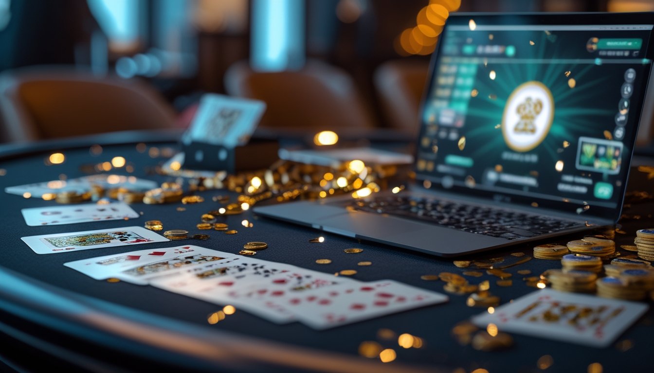 Meja poker elegan dengan kartu, keping poker, laptop, dan ponsel dalam suasana lounge mewah dengan dekorasi perayaan.