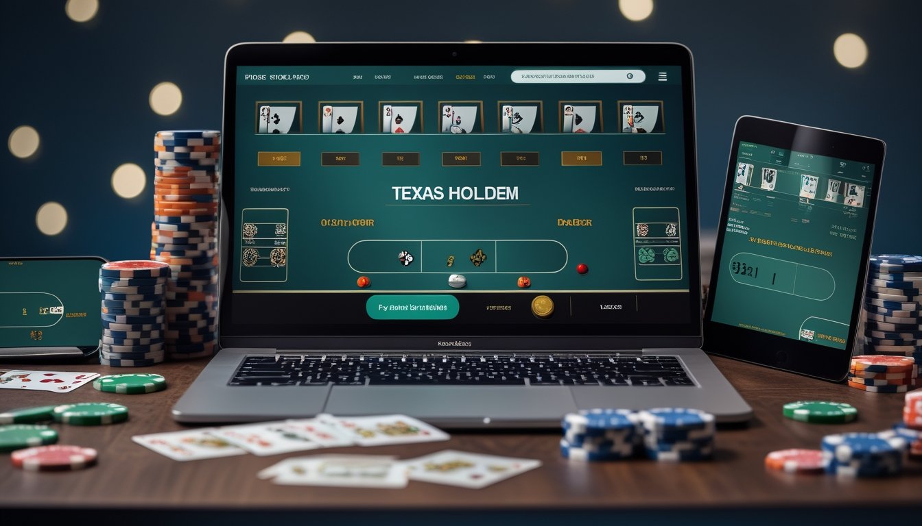 Perangkat digital menampilkan beberapa meja permainan poker dengan kartu dan keping poker dalam suasana modern.
