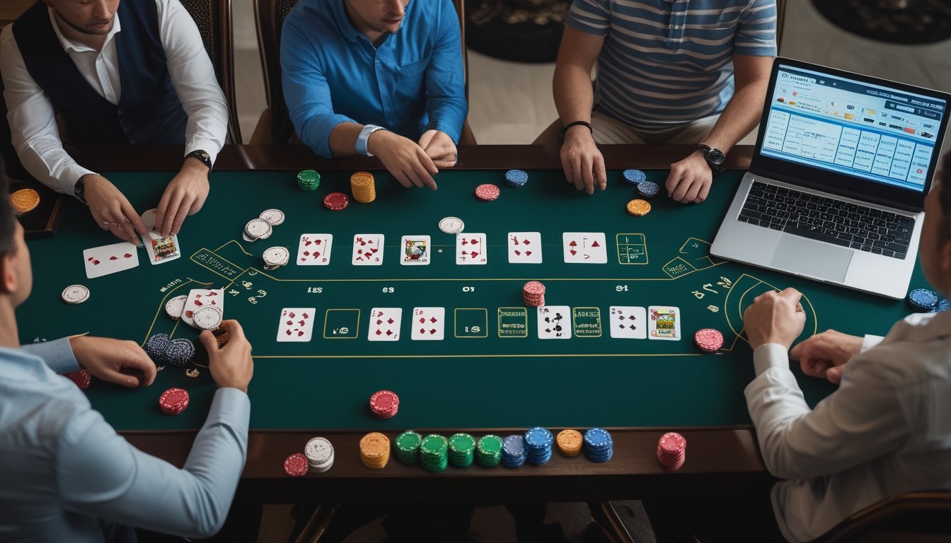 Beberapa pemain dewasa mempelajari beragam susunan kartu poker, chip, dan meja permainan modern.
