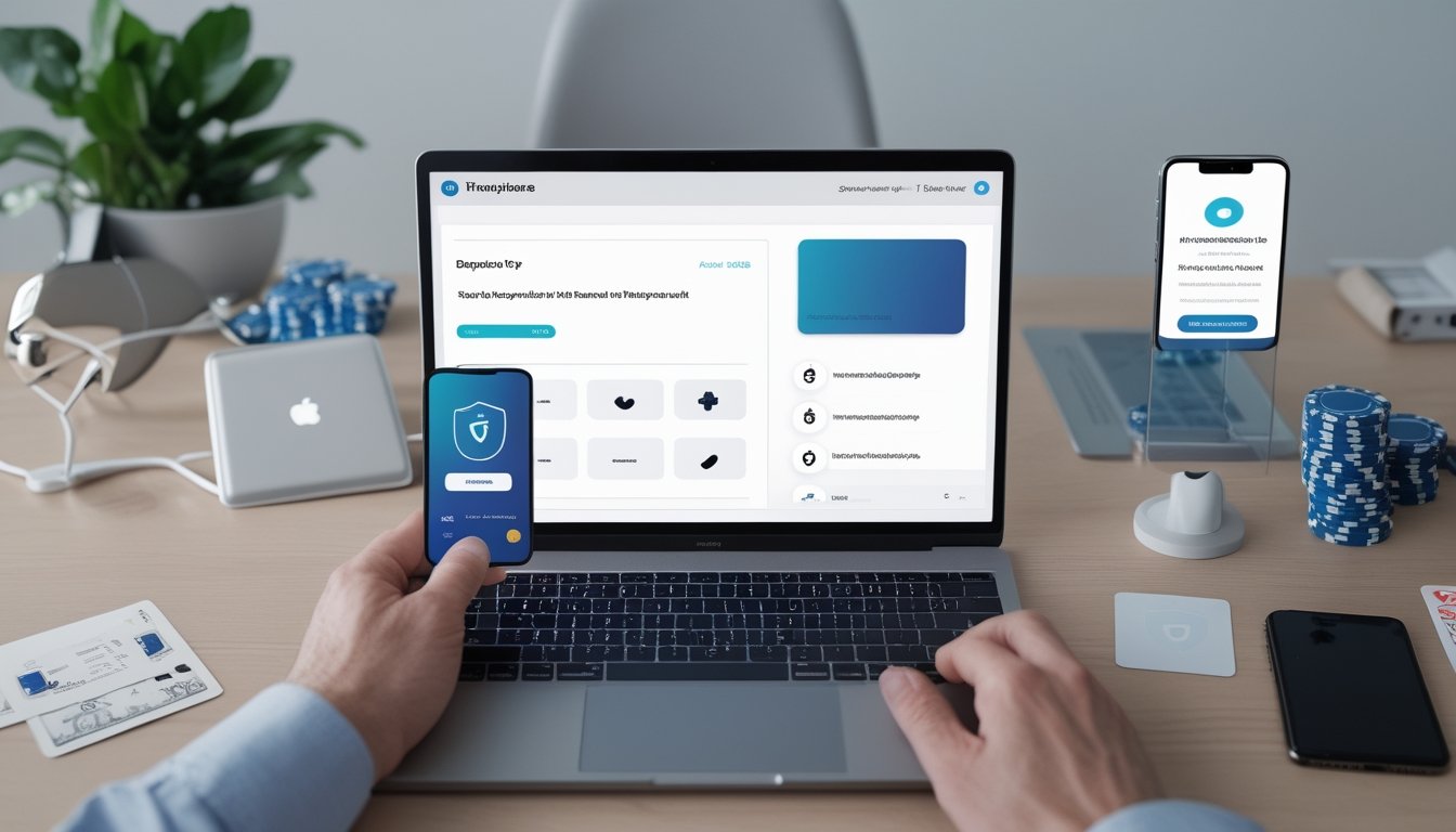 Seseorang menggunakan laptop untuk transaksi pembayaran online yang aman, dengan ponsel, kartu pembayaran, dan simbol keamanan di meja.