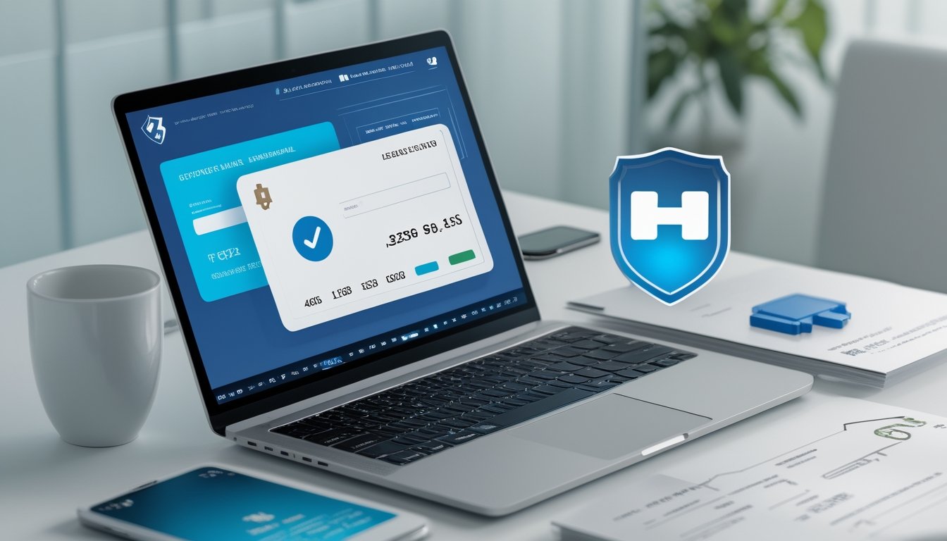 Laptop dan ponsel menampilkan konsep pembayaran digital yang aman dengan simbol perisai, kunci, dan dokumen verifikasi.