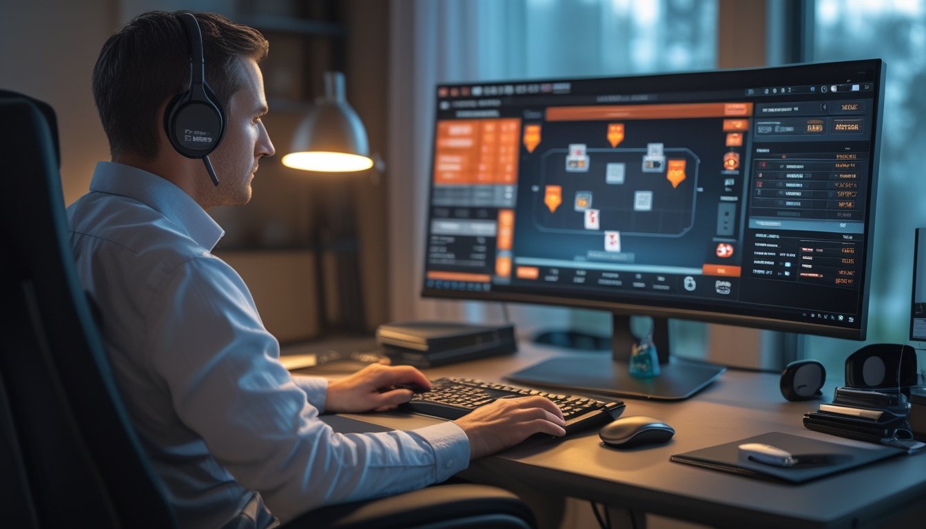 Pemain poker fokus memilih meja turnamen online di depan komputer dalam ruang kerja yang rapi.