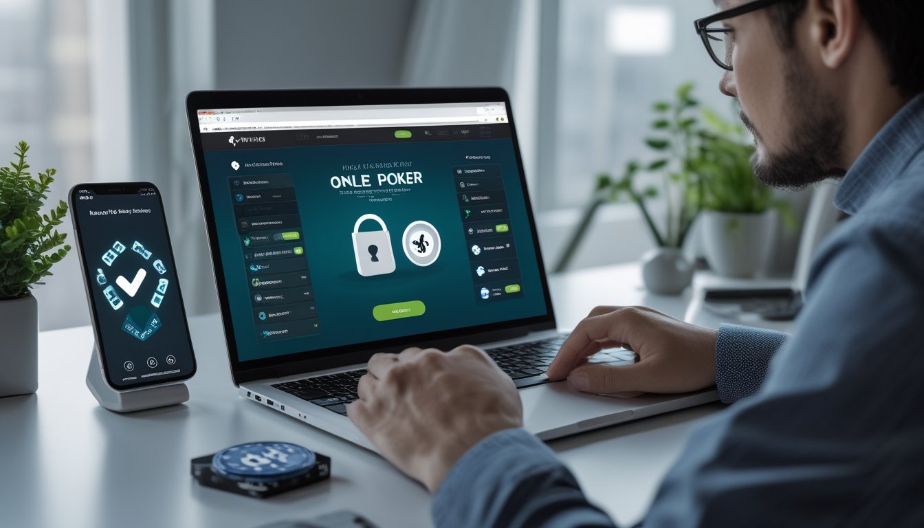 Seseorang meninjau situs poker online di laptop dengan indikator keamanan dan konfirmasi pembayaran di meja kerja.