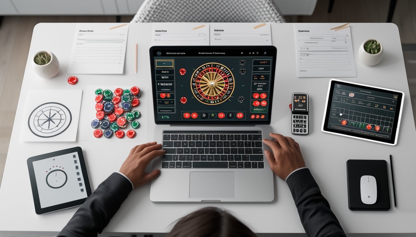 Seseorang mempelajari roulette online menggunakan laptop dengan roda roulette dan perlengkapan belajar di meja.