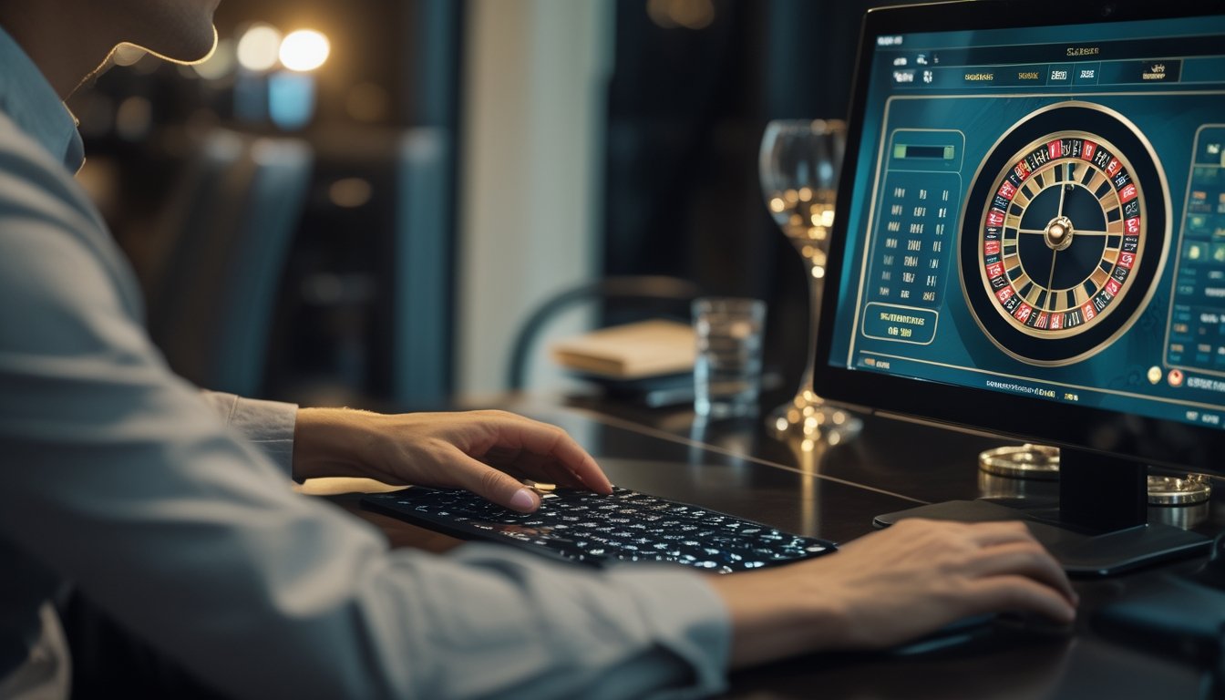 Pemula mempelajari permainan roulette online melalui komputer di samping roda roulette.