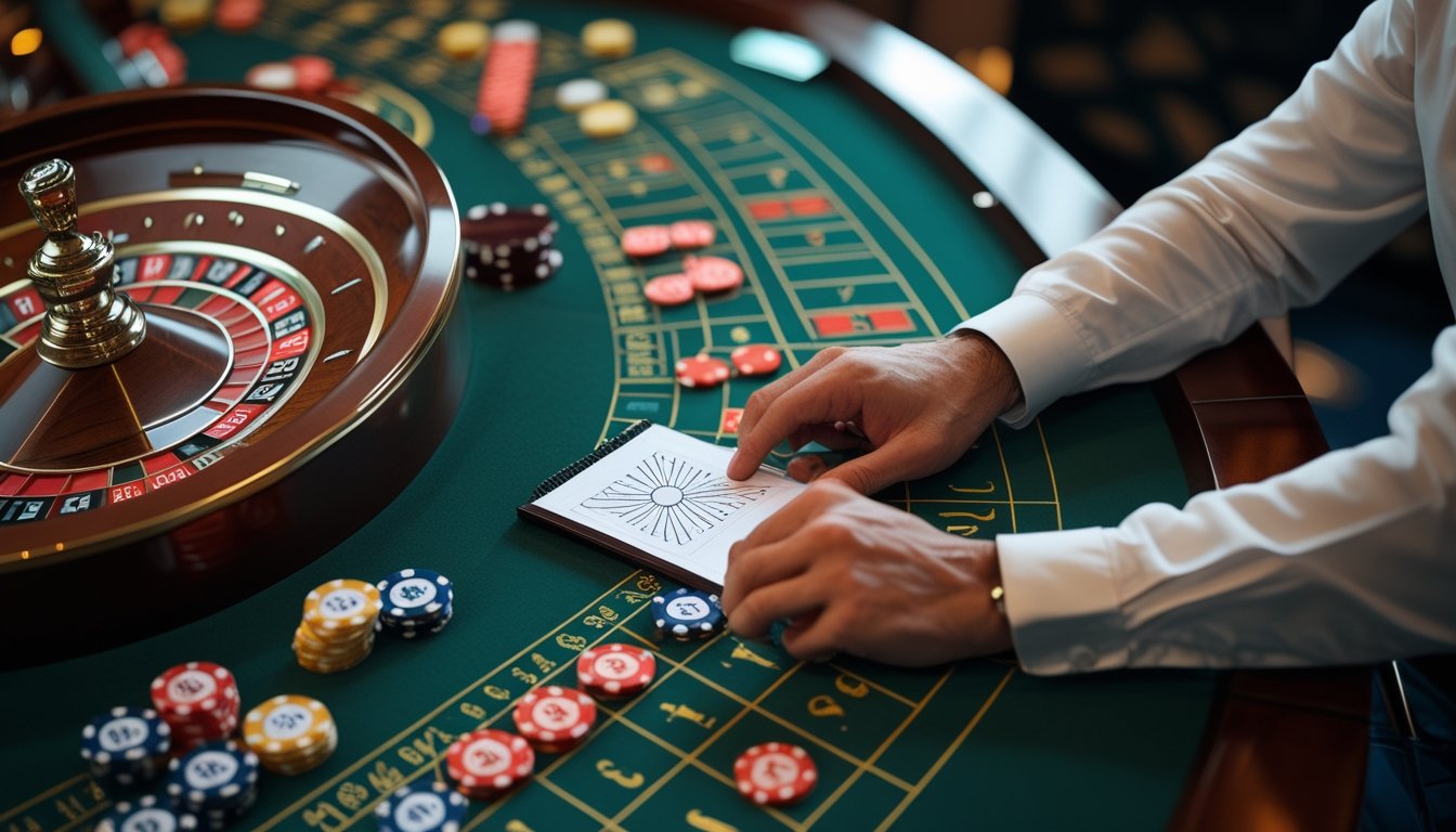 Roda roulette dan keping taruhan tersusun rapi di atas meja kasino.