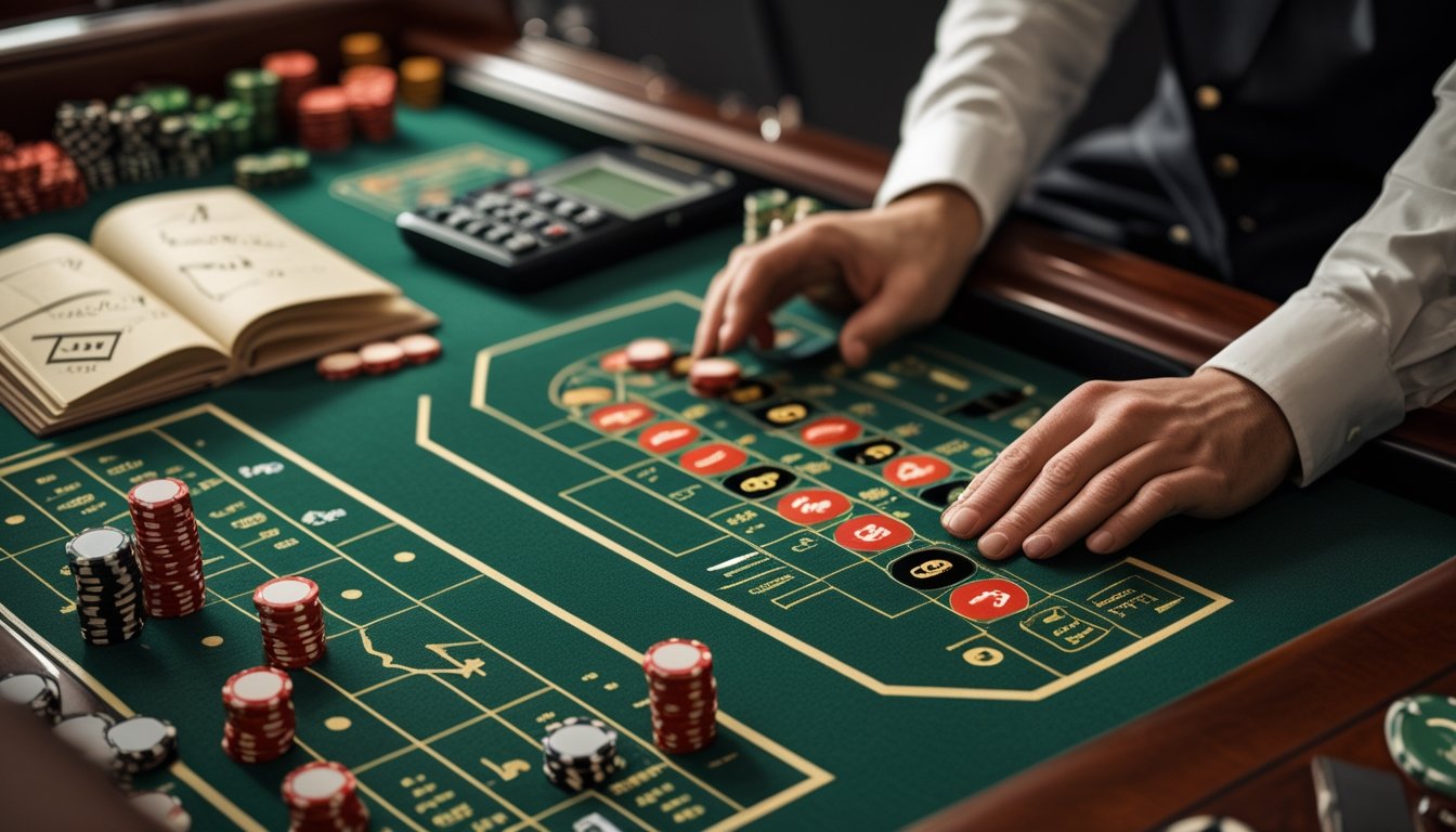 Meja roulette dengan roda, keping taruhan yang tertata, dan perlengkapan analisis statistik di suasana kasino.