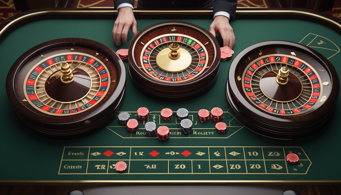 Tiga meja roulette dengan roda dan susunan chip yang berbeda di dalam kasino elegan.