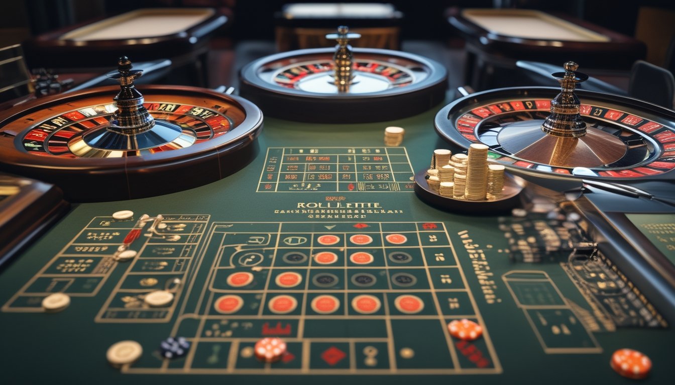 Tiga meja roulette dengan roda dan tata letak berbeda ditampilkan berdampingan.