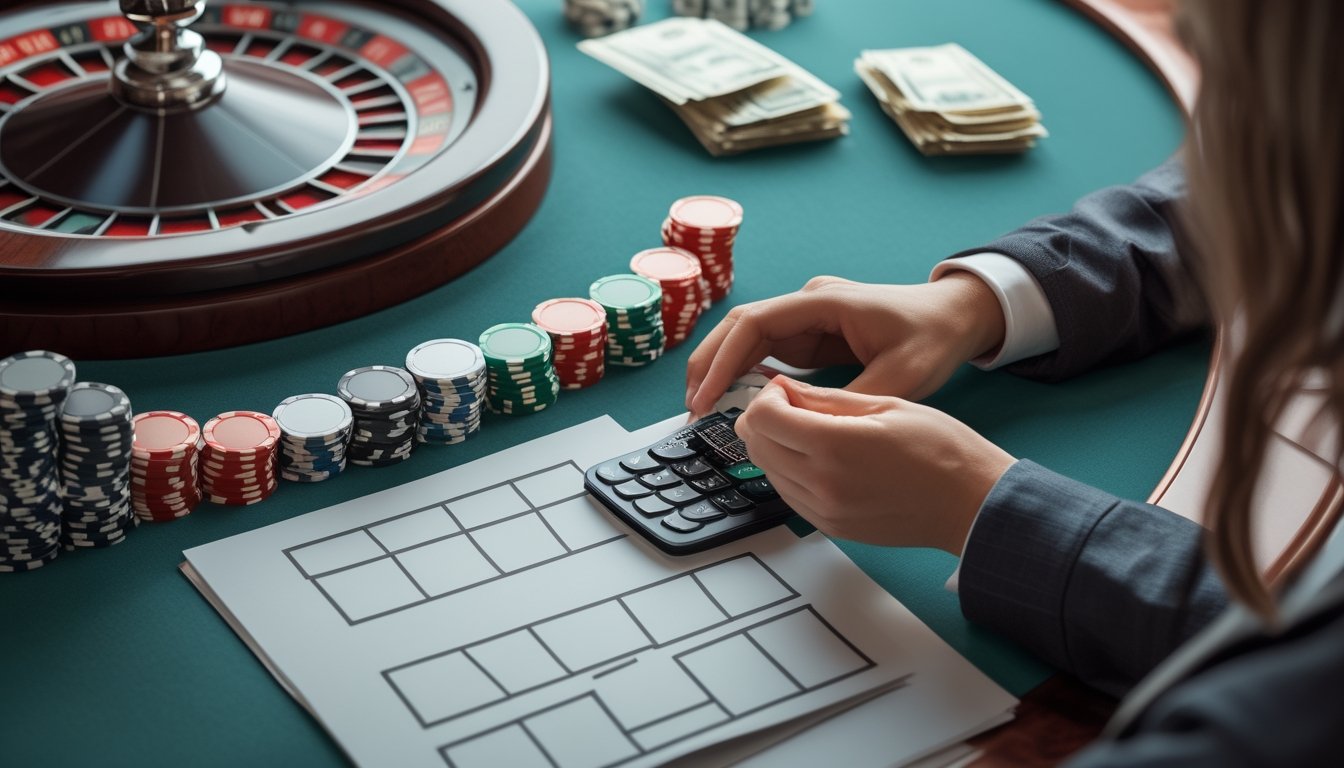 Tangan seseorang mengatur keping taruhan, uang, dan kalkulator di samping roda roulette.