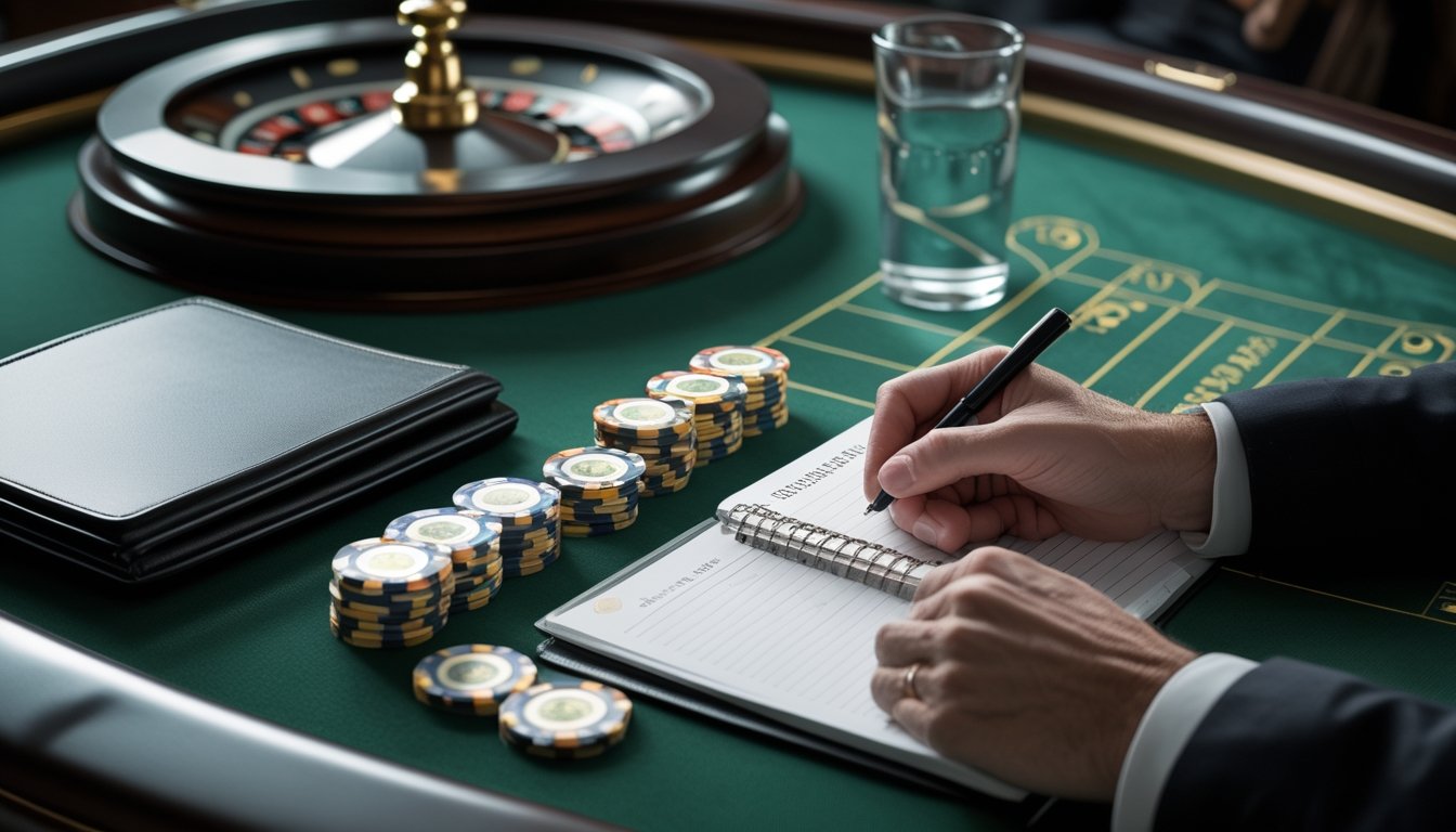 Pemain roulette menata sejumlah chip dengan buku catatan dan kalkulator di meja kasino.