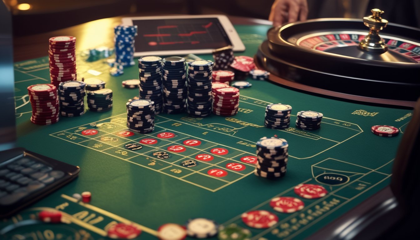 Roda roulette dengan tumpukan keping taruhan, kalkulator, dan suasana kasino yang menyoroti risiko strategi taruhan bertahap.