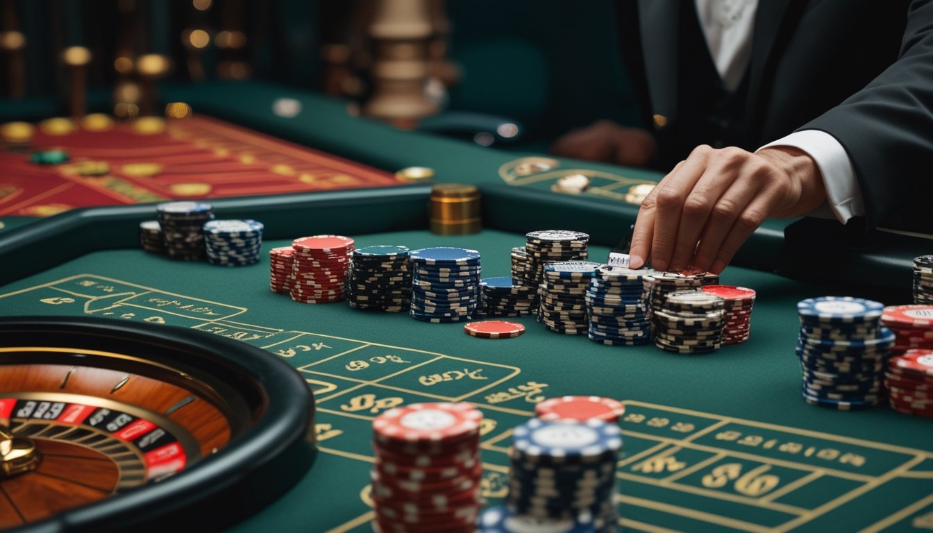Meja roulette dengan roda roulette, tumpukan chip yang semakin besar, dan tangan bandar yang sedang menempatkan bola.