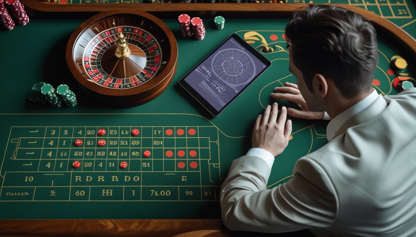 Seorang analis mempelajari meja roulette, roda roulette, dan pola statistik di suasana kasino.
