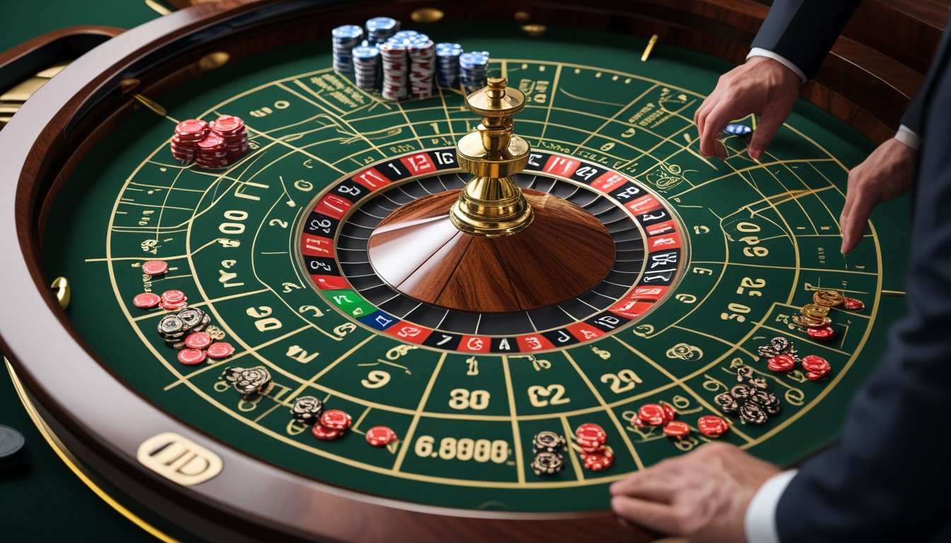 Meja roulette dengan roda roulette dan keping taruhan yang tersusun di atas tata letak meja.