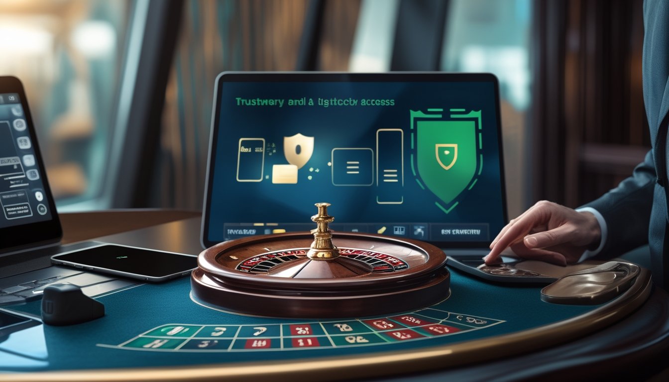 Roda roulette elegan di samping perangkat digital, kartu pembayaran, dan simbol perisai keamanan.