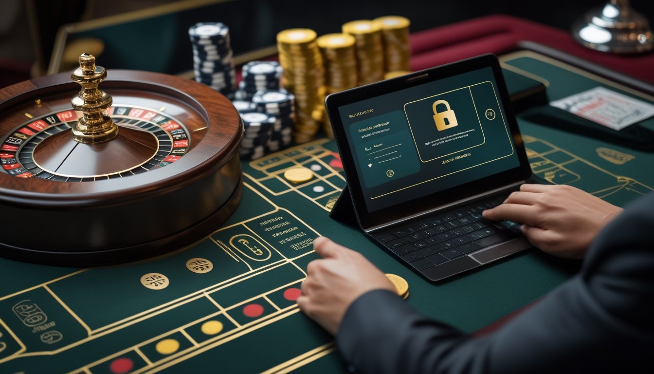 Meja roulette modern dengan roda roulette, chip kasino, dan perangkat digital yang menampilkan simbol keamanan transaksi.
