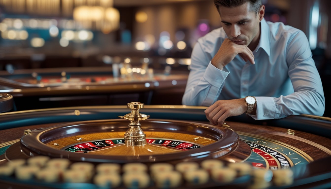 Seorang pemain menganalisis meja dan roda roulette di kasino.