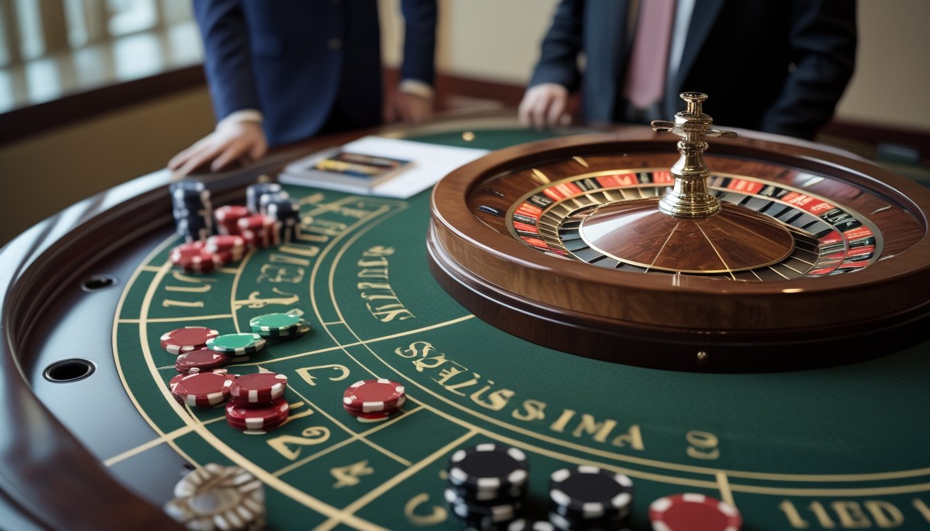 Pemain dan croupier mengamati roda roulette dengan taruhan yang tertata di meja kasino.