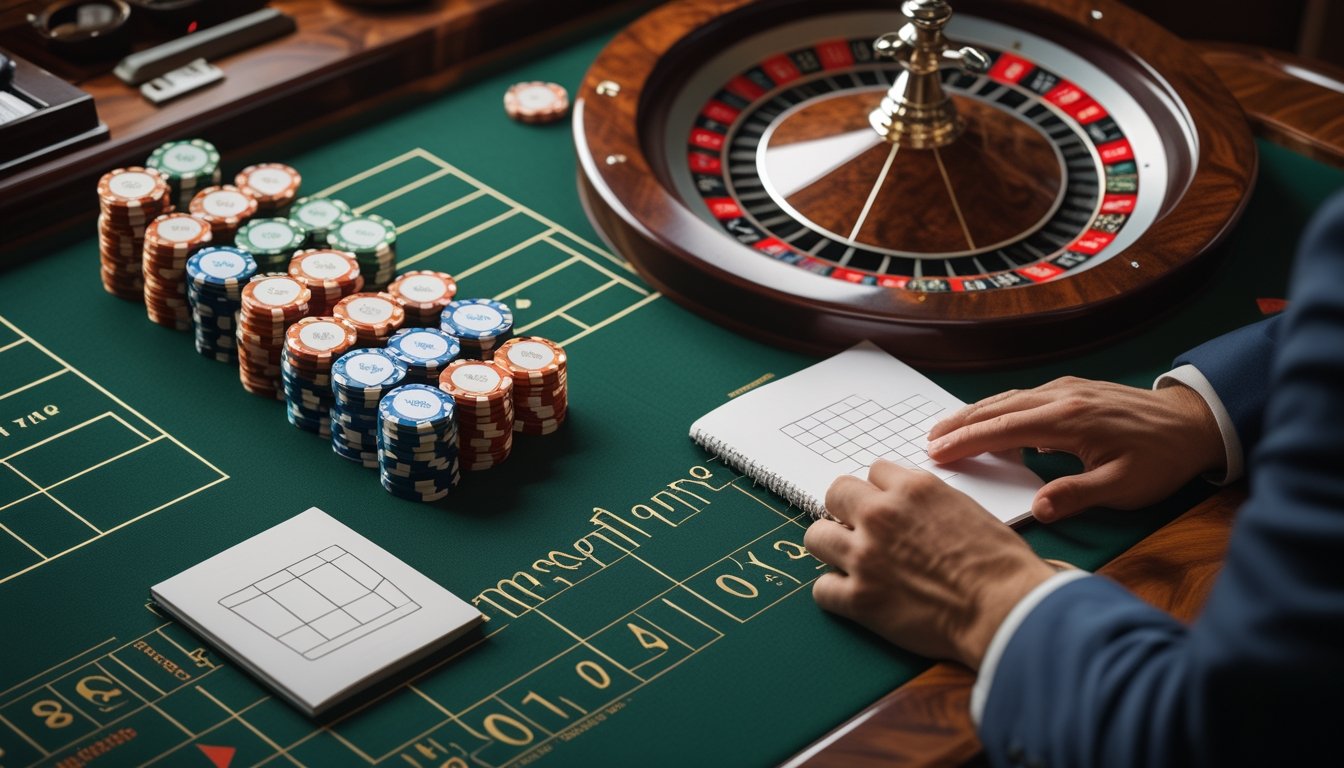 Meja roulette dengan roda roulette dan tumpukan chip yang disusun secara bertahap.