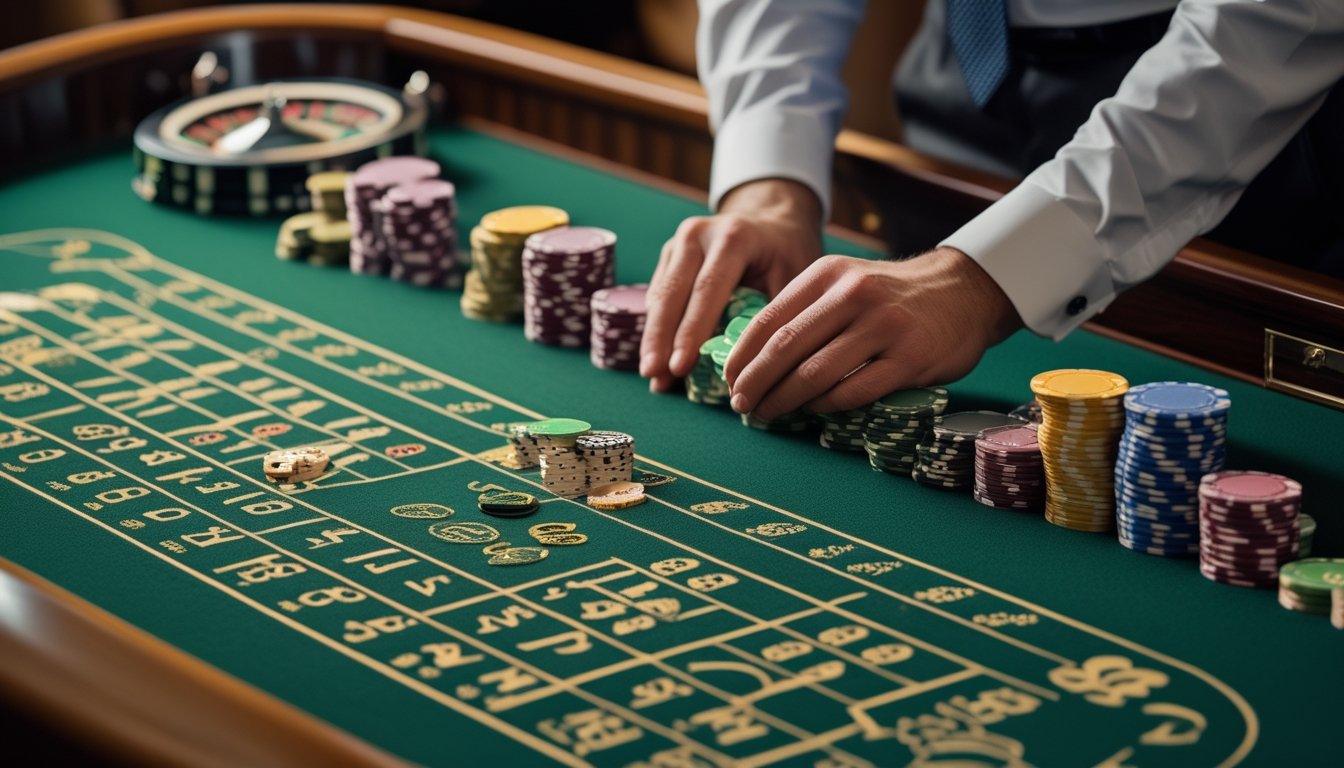 Tangan seseorang menata keping taruhan secara berurutan di samping meja roulette.