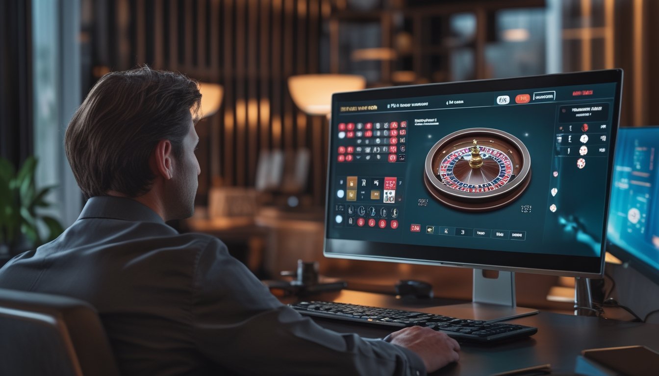 Seseorang bermain roulette online dengan dealer langsung melalui komputer di ruang rumah yang nyaman.