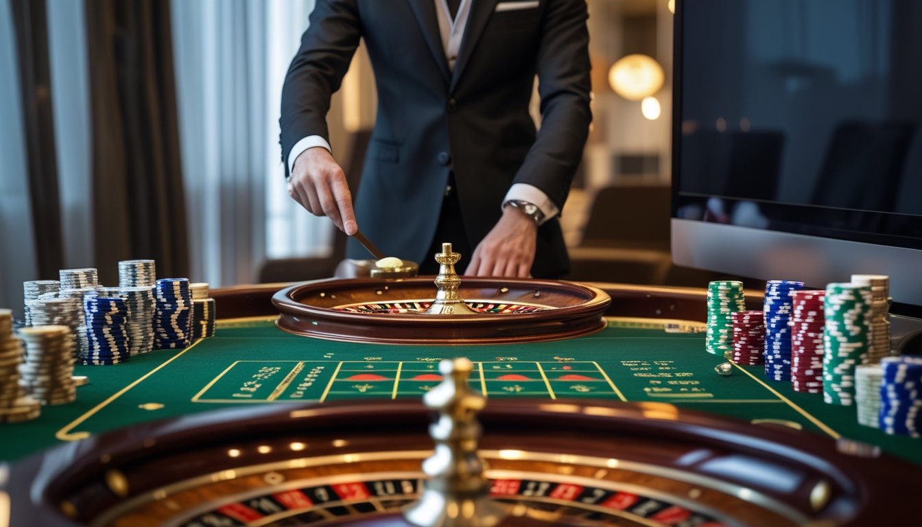 Dealer memutar roda roulette di meja kasino dengan pemain menyaksikannya dari rumah.