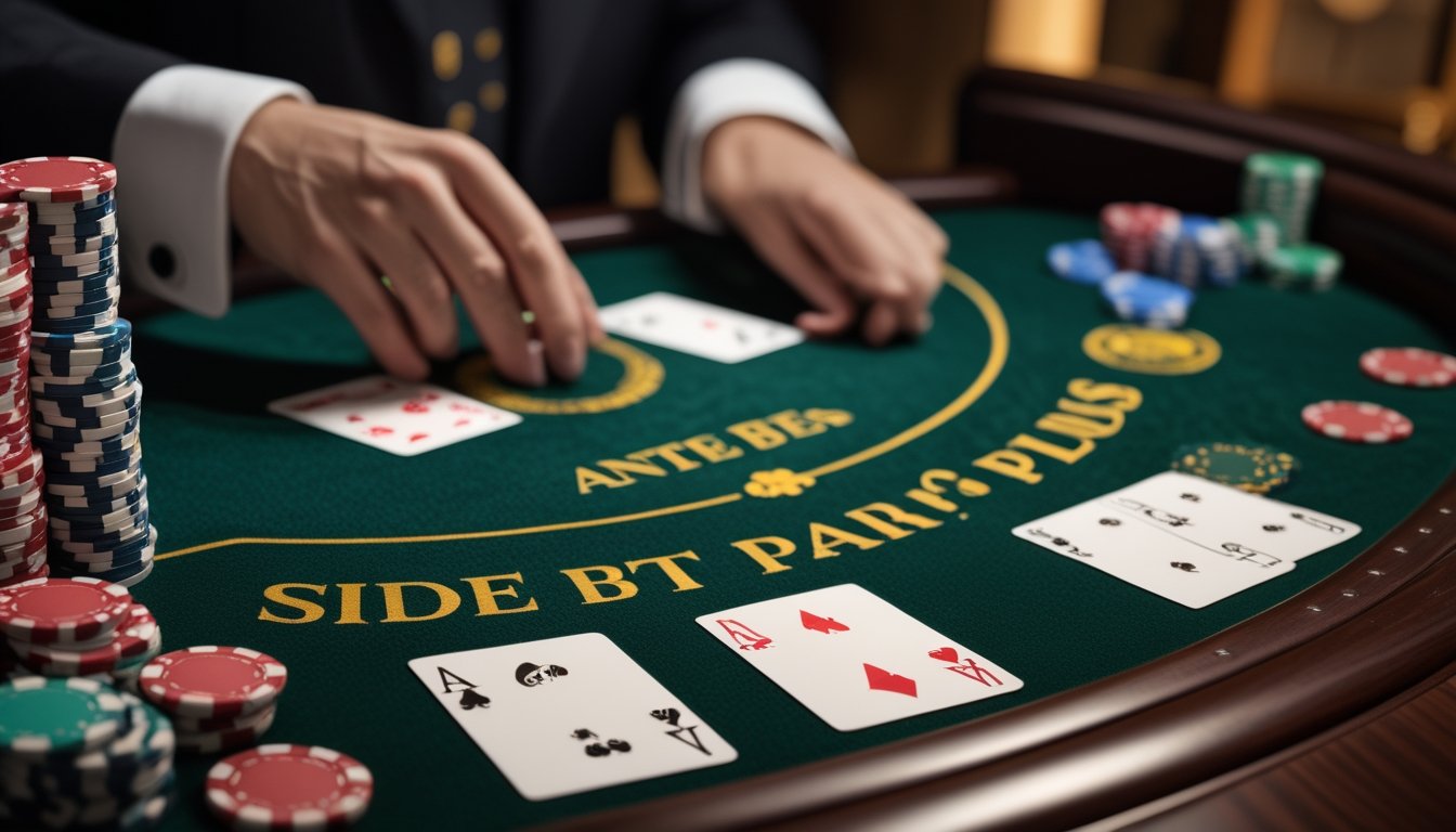 Tiga kartu poker dan keping taruhan tersusun di atas meja poker hijau dengan dealer di latar belakang.