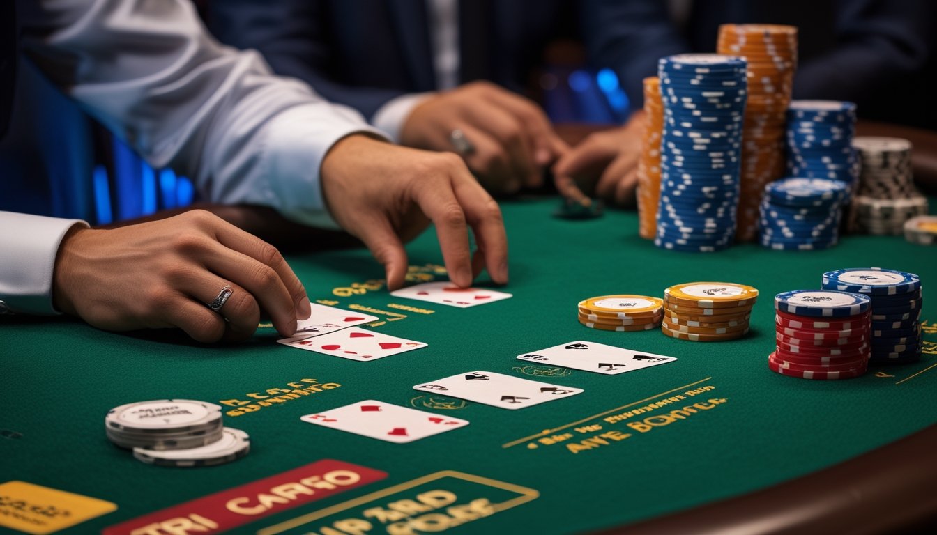 Meja Tri Card Poker dengan tiga kartu, keping taruhan, dan dealer yang sedang mengatur permainan.