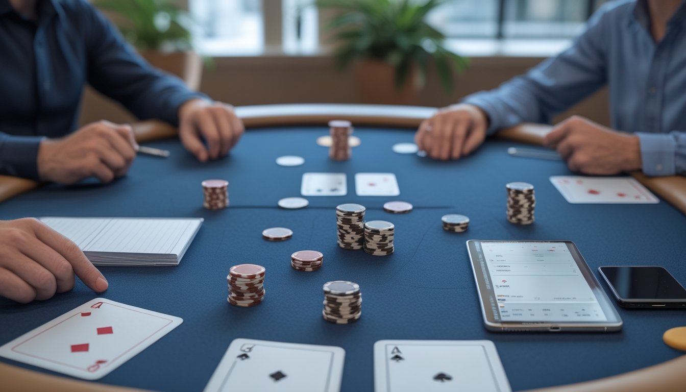 Seorang pemain mengatur chip poker, menghitung anggaran, dan mencatat batas permainan di meja dengan tiga kartu tertutup.