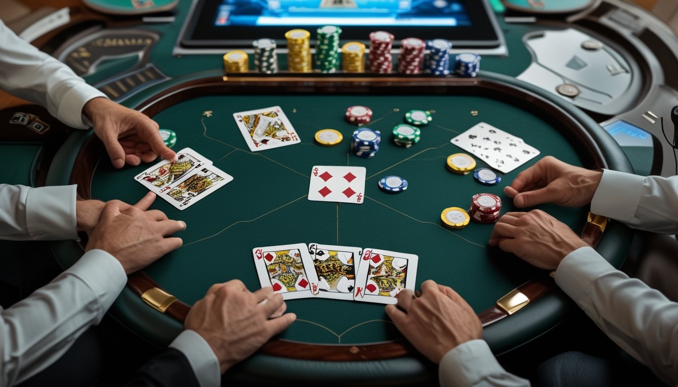 Tiga kartu poker, keping kasino, dan perangkat digital tersusun di atas meja kasino hijau.