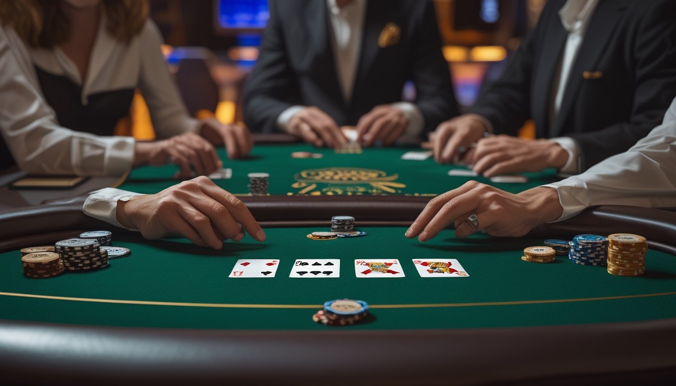 Meja kasino dengan susunan kartu poker tiga lembar, keping poker, dan elemen klasik serta modern yang menggambarkan perkembangan permainan.