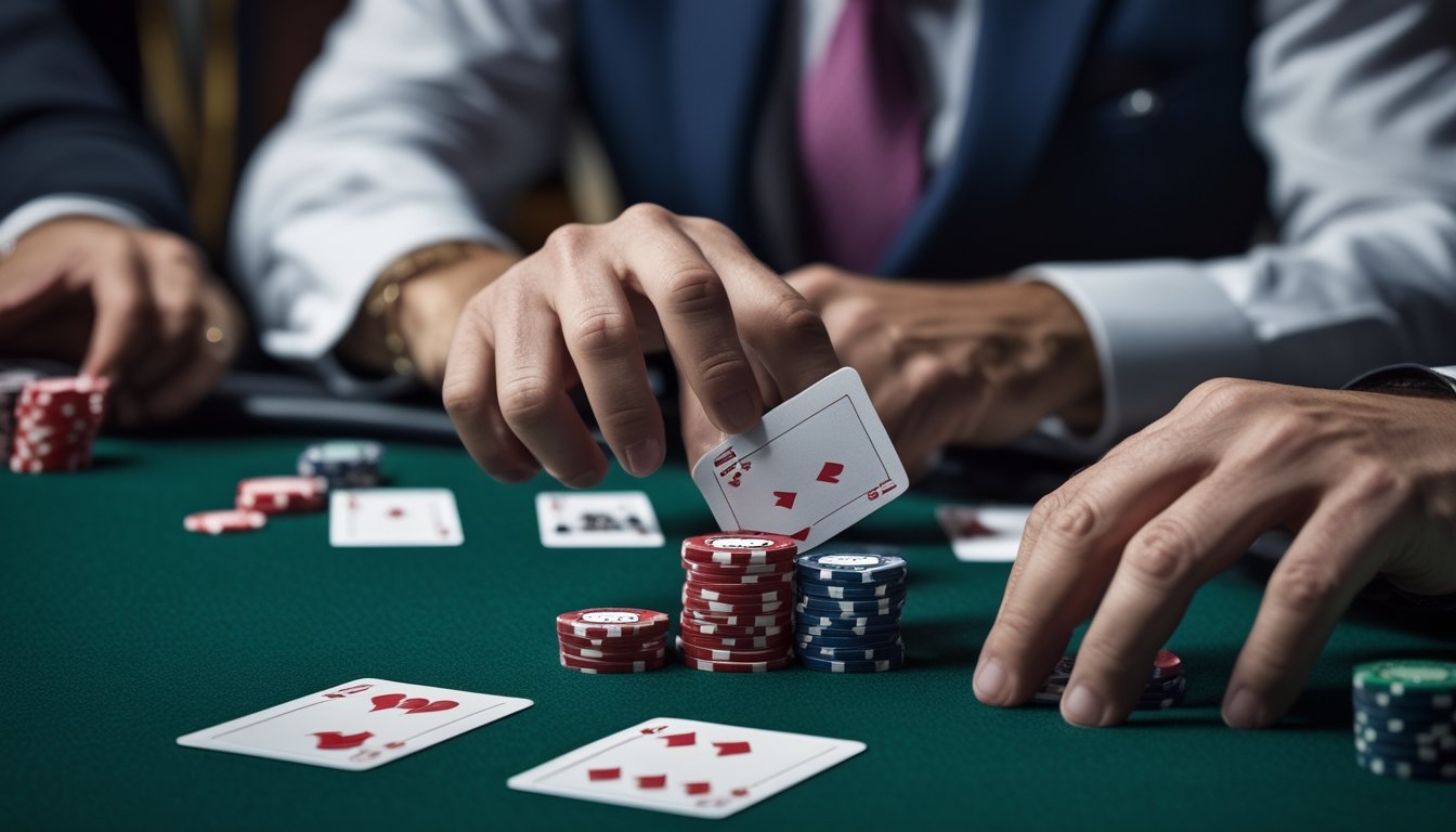 Seorang pemain poker menimbang keputusan sambil melihat tiga kartu dan keping taruhan di meja.